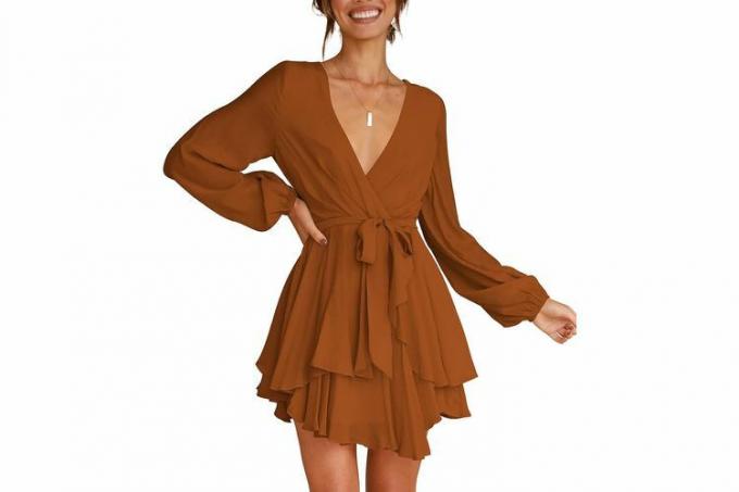 Amazon Listopad Prime Day Cosonsen Ženska haljina s dubokim V-izrezom, dugim rukavima i vezivanjem u struku, mini klizačke haljine s volanima